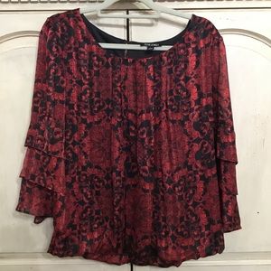 Roz & Ali Women’s Red Black Gold Thread Floral Bubble Hem Blouse Size L EUC